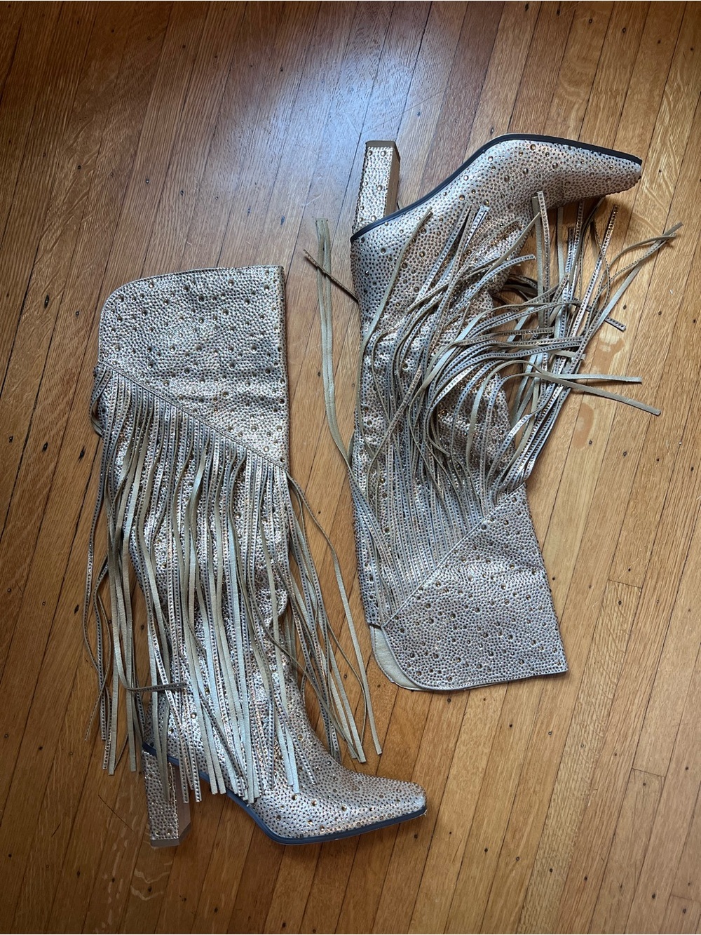 Fringed Metallic Knee-High Women's Boots - Champagne